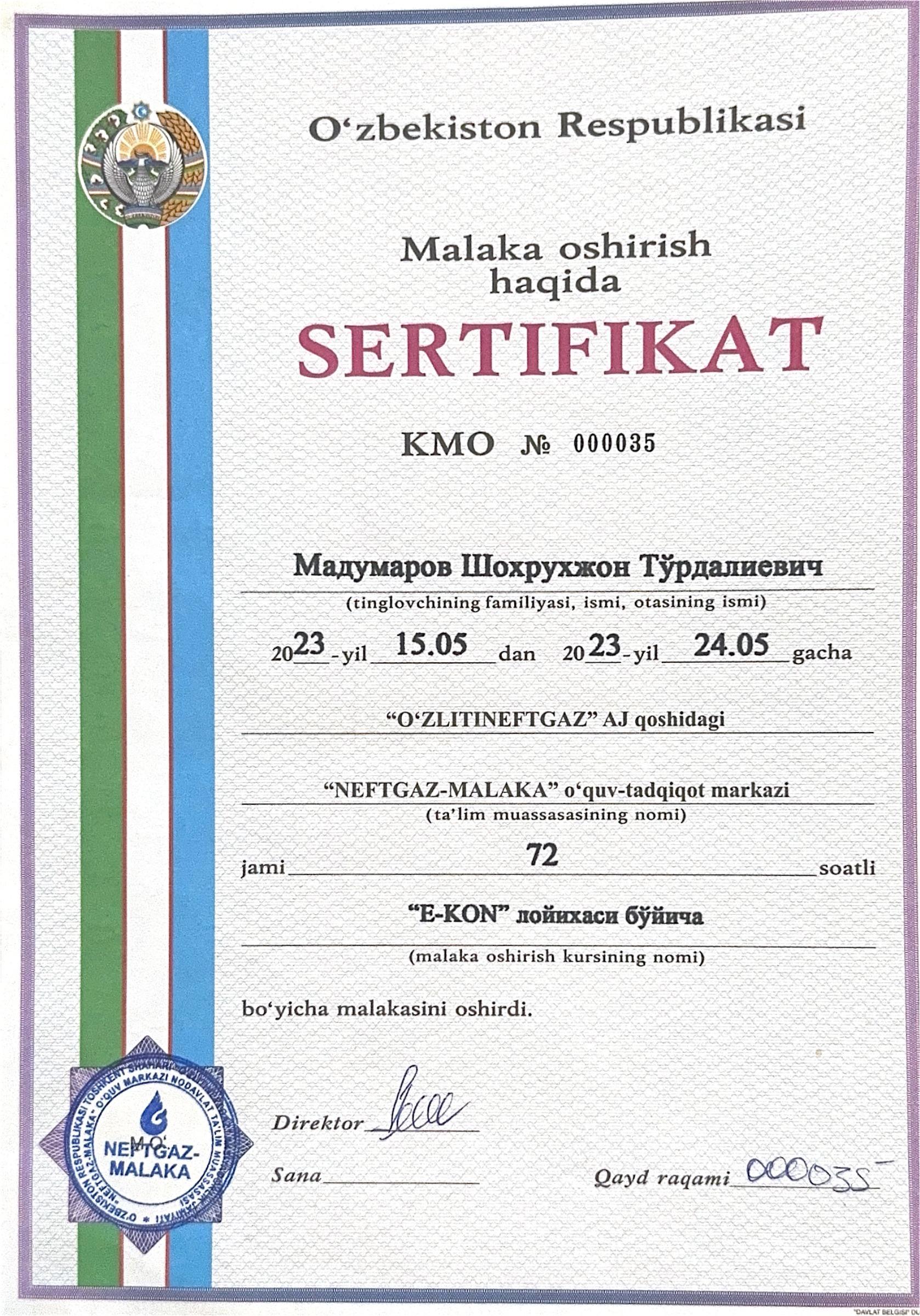 Мадумаров Шохрухжон Тўрдалиевичга берилган E-KON малака ошириш сертификати