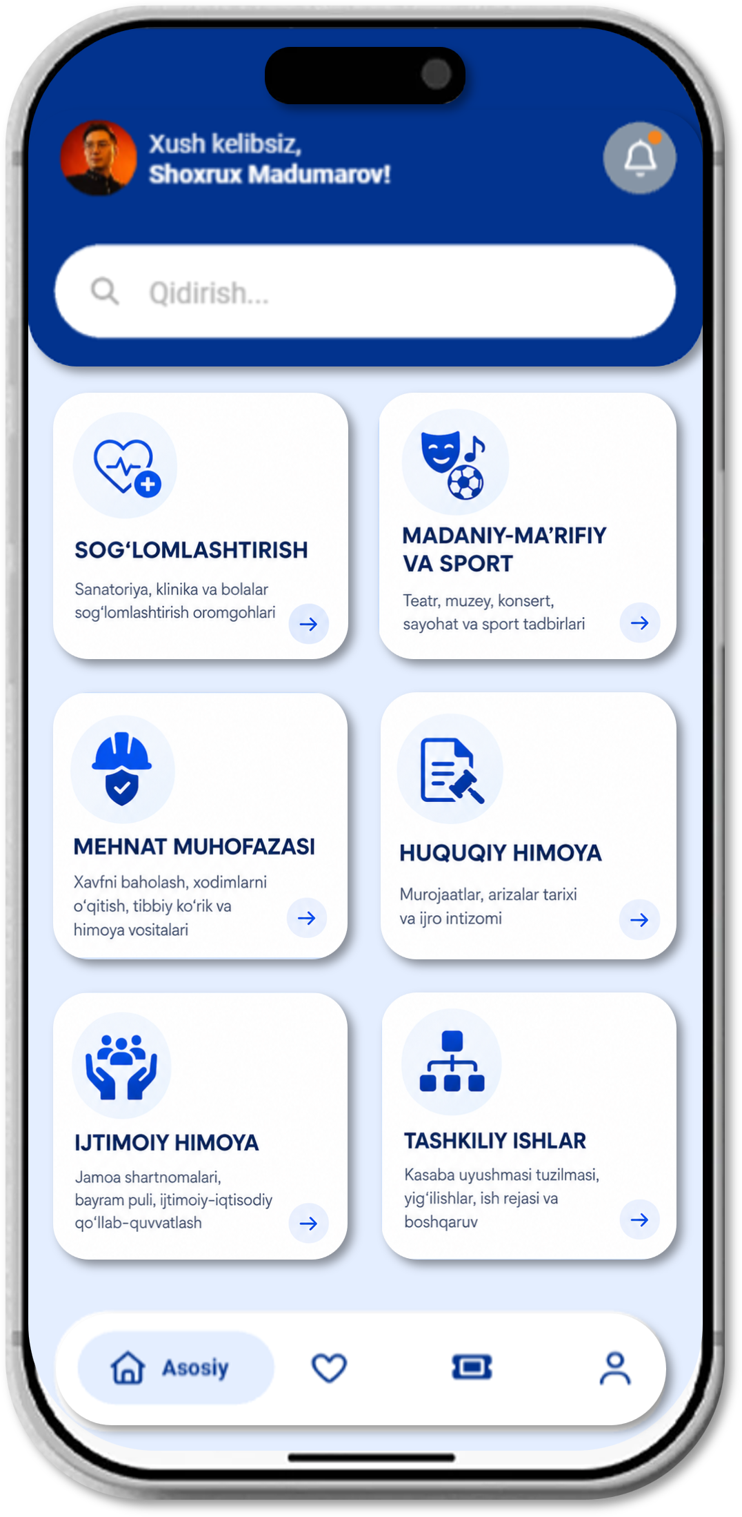 KasPro хизматлар бўлимлари телефон мокапида